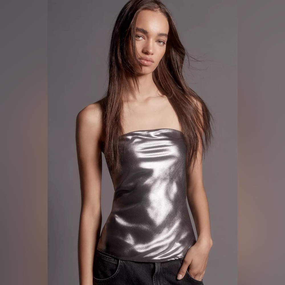 Anthropologie Strapless Shine Tube Top Metallic Silver Size M NWT